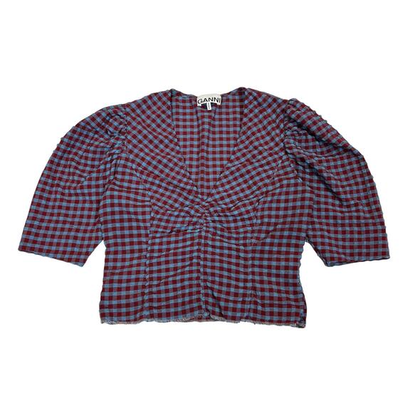 Ganni Gingham Check Seersucker V Neck Blouse Ruched Puff Sleeve - Picture 1 of 8